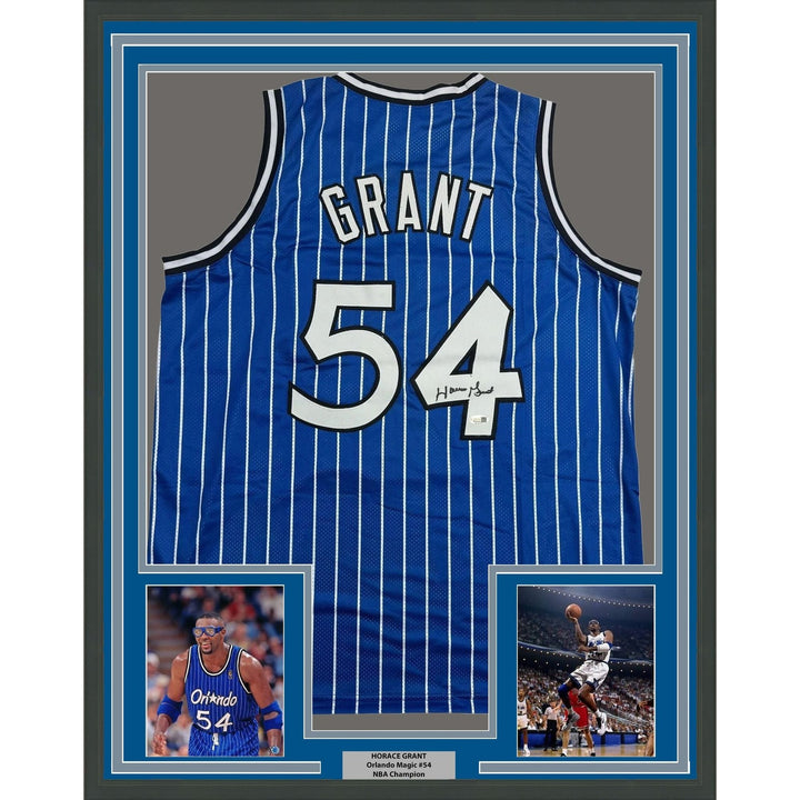 Framed Autographed/Signed Horace Grant 35x39 Orlando Blue Jersey JSA COA