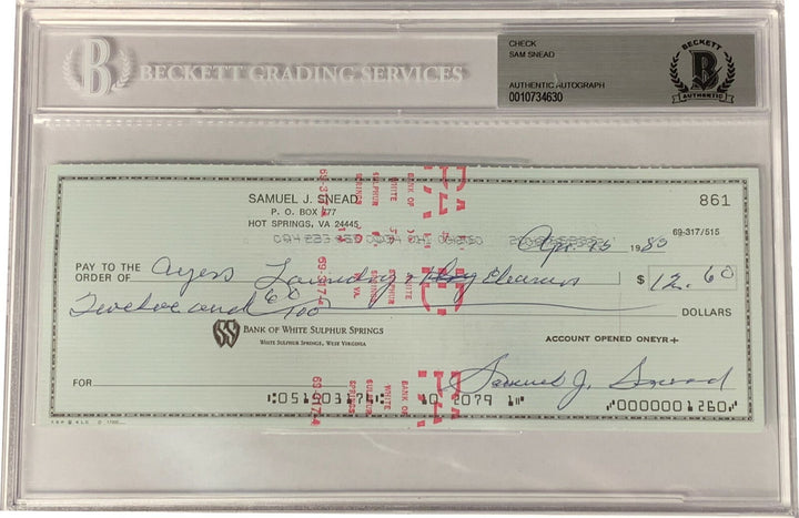 Sam Snead PGA/Golf 3x8 Bank Check Signed In Blue Beckett BAS #0010734630