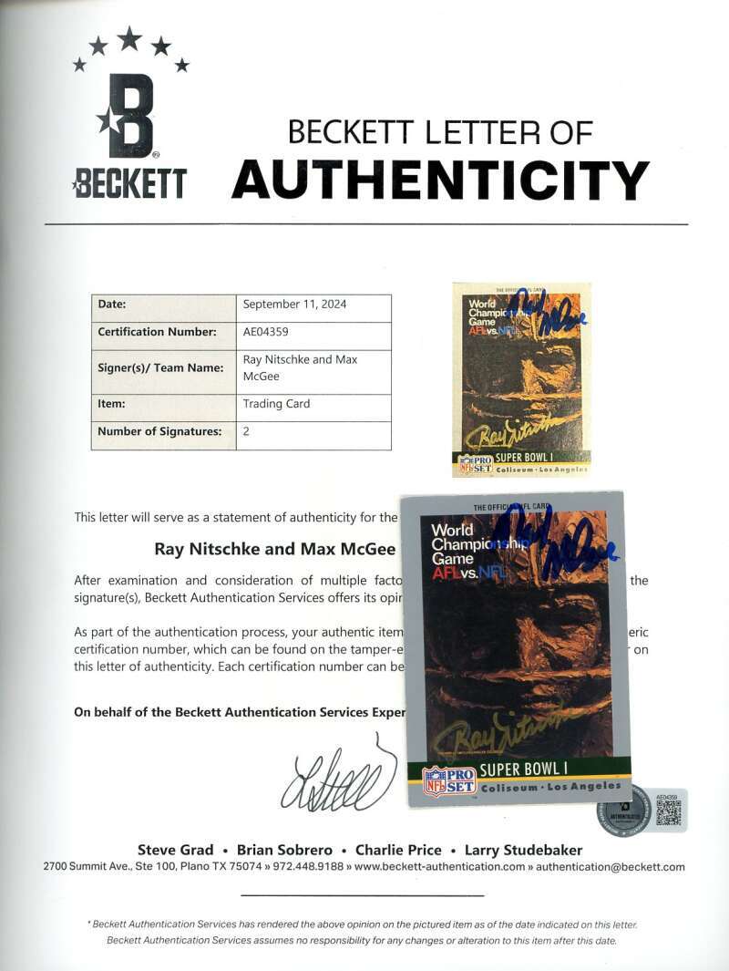 Ray Nitschke Max McGee Beckett BAS Signed 1990 Pro Set Super Bowl I Autograph