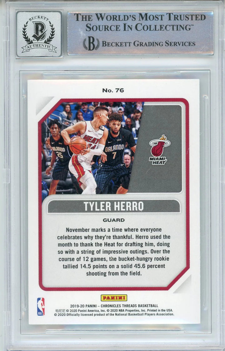 Tyler Herro Autographed 2019-20 Panini Chronicles Threads Rookie Card #76 (BGS 1