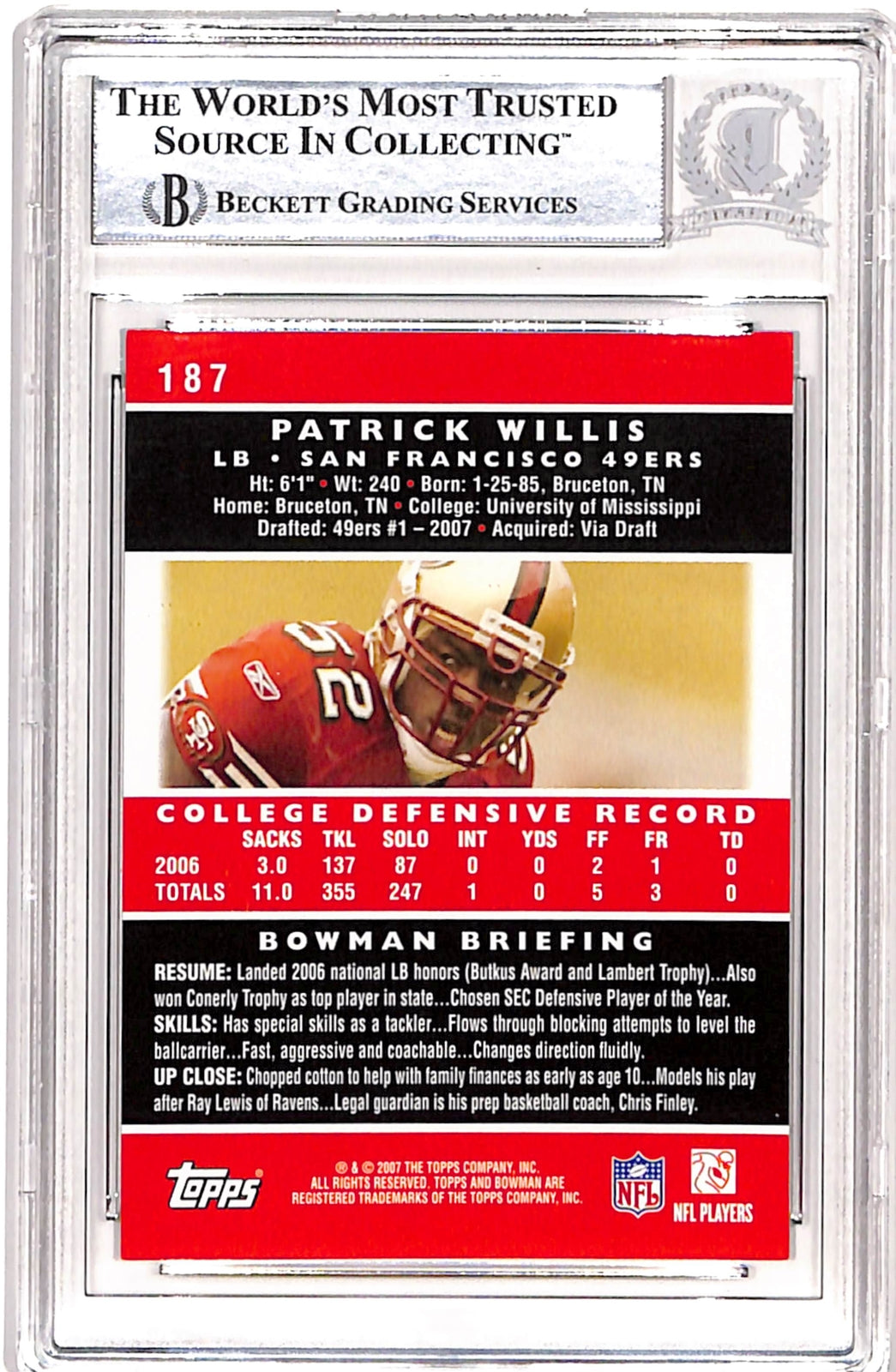 Patrick Willis Autographed/Signed 2007 Bowman #187 Card Beckett 38718