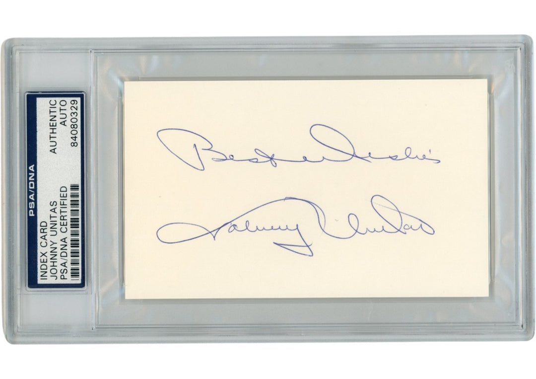 Johnny Unitas Autographed Baltimore Colts Index Card Best Wishes Slab PSA 54926