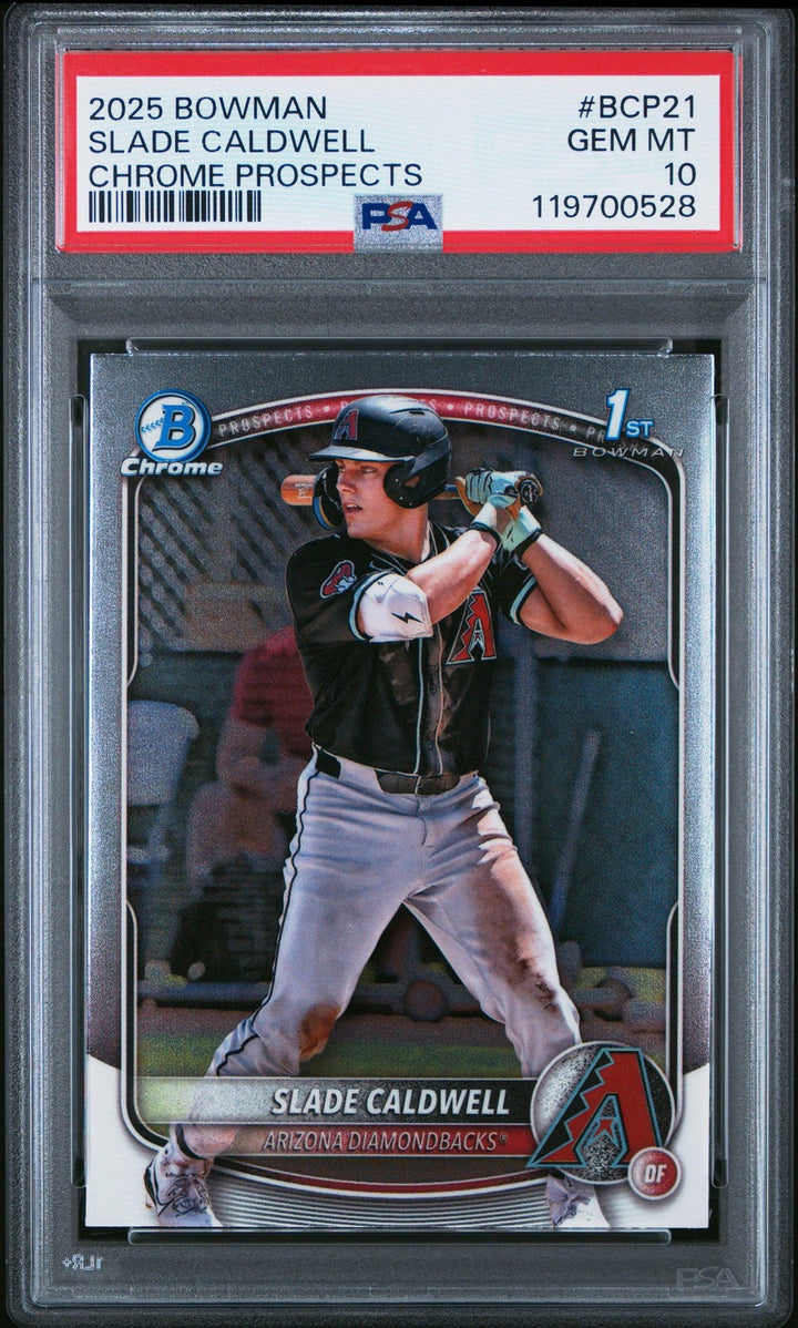 Graded 2025 Bowman Slade Caldwell #BCP21 Chrome Prospect RC Baseball Card PSA 10