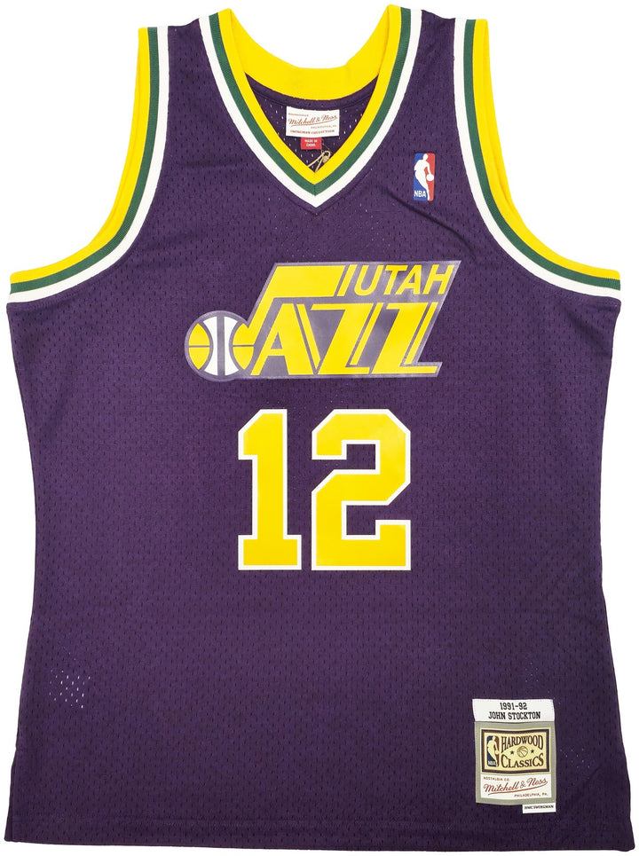 Jazz John Stockton Auto Purple Authentic Mitchell Ness 91 HWC Swingman Jersey L
