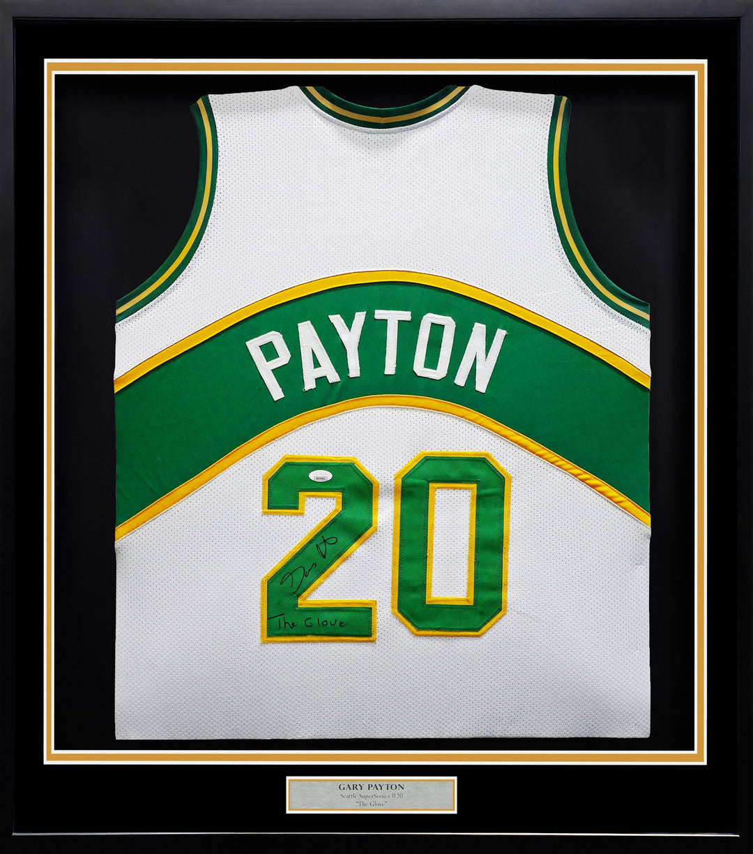 Seattle Supersonics Gary Payton Signed Framed White Jersey "The Glove" JSA
