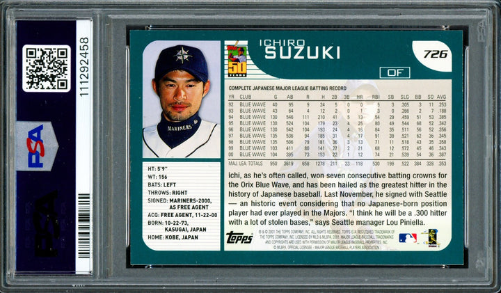 Ichiro Suzuki Auto 2001 Topps RC 726 Mariners PSA 8 Auto NM 8 HOF 25 PSA/DNA