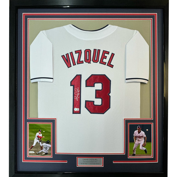 FRAMED Autographed/Signed OMAR VIZQUEL 33x42 Cleveland White Jersey PSA COA