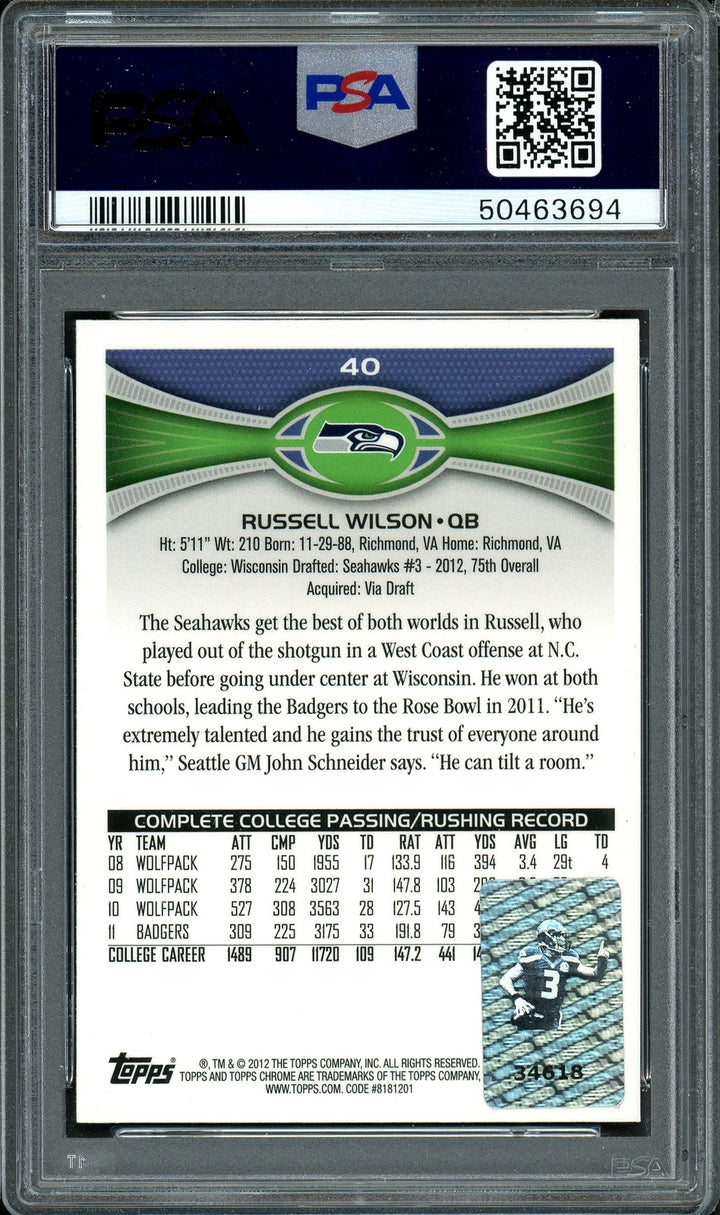 Russell Wilson Auto Signed 2012 Topps Chrome RC 40 Seahawks Card Mint 9 PSA/DNA