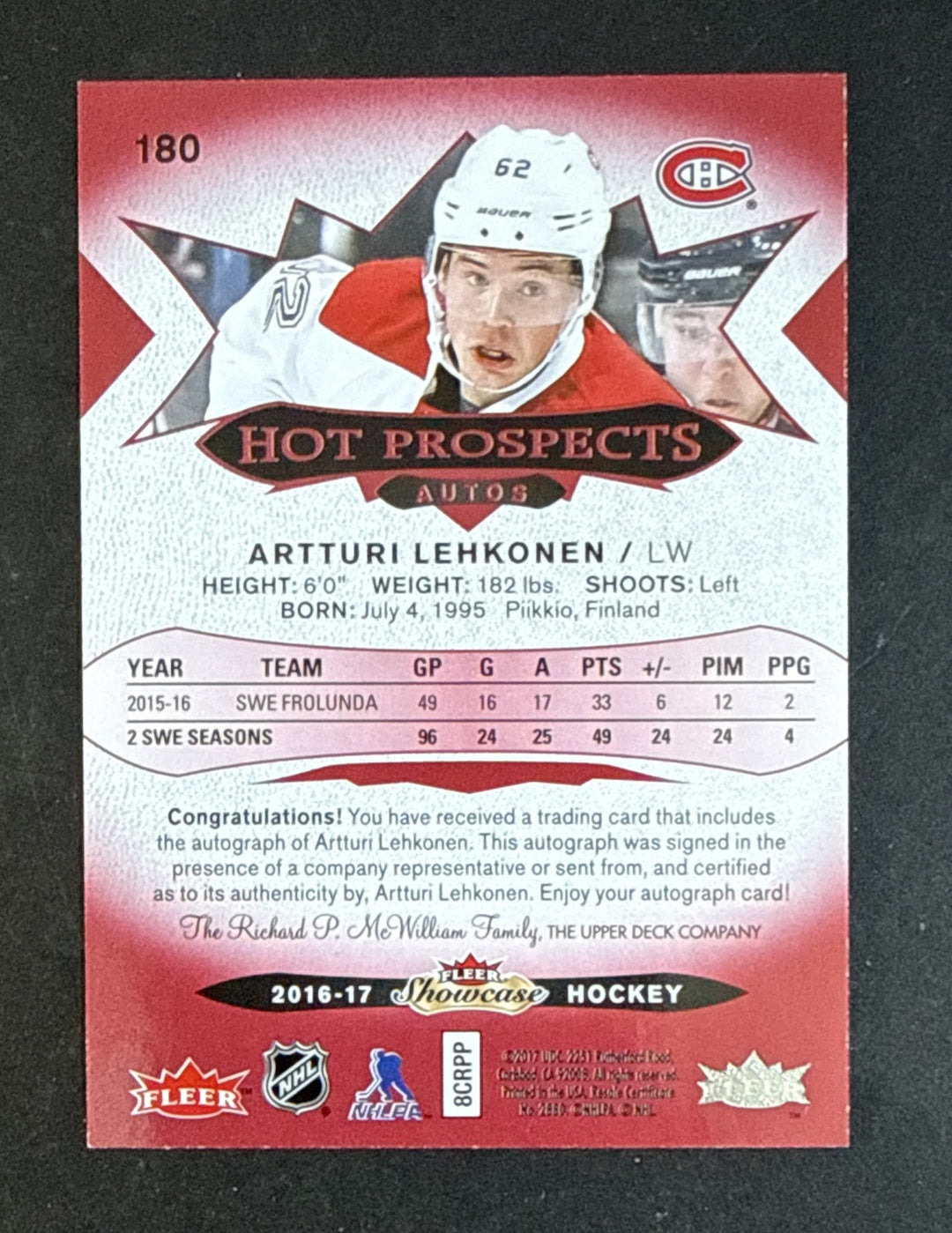 2016 Fleer Showcase Hot Prospects Artturi Lehkonen #180 Red Glow /49 Mint Auto