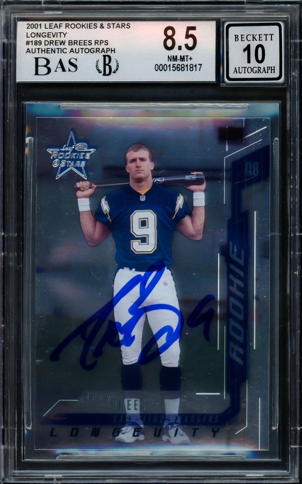 Drew Brees Auto 2001 Leaf Rookies Stars Longevity RC 189 BGS 8.5 Sig 10 /25 BAS