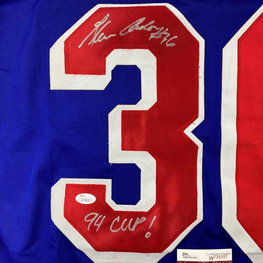Autographed/Signed Glenn Anderson 94 SC Champs New York Blue Jersey JSA COA