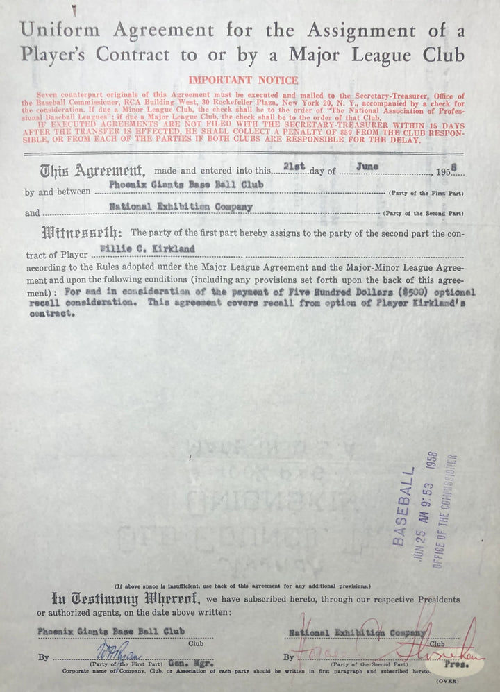 Horace Stoneham Autographed Contract (JSA)