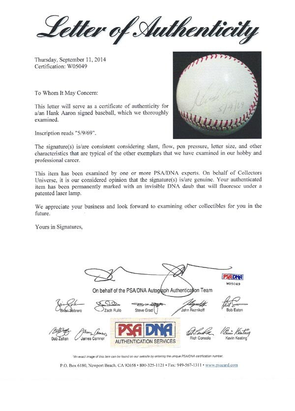 Hank Aaron Signed Baseball Atlanta Braves "5/9/69" Vintage Sig PSA/DNA