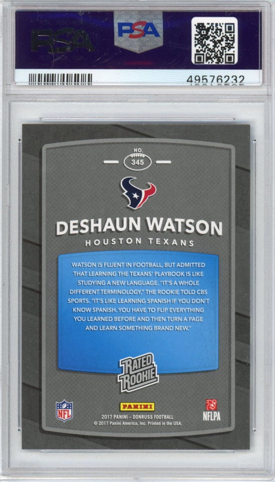 Graded 2017 Panini Donruss Deshaun Watson #345 Rookie RC Football Card PSA 10