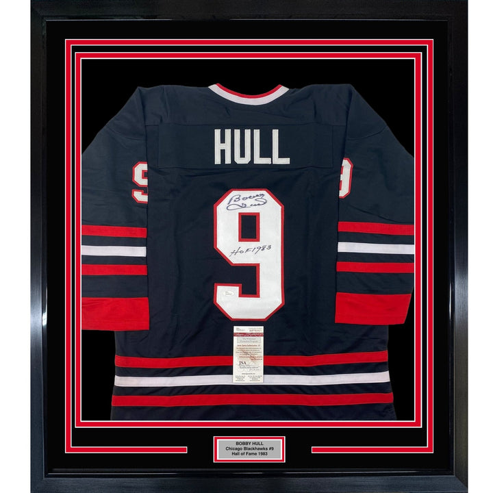 Framed Signed Bobby Hull HOF 1983 35x39 Chicago Black Jersey JSA COA