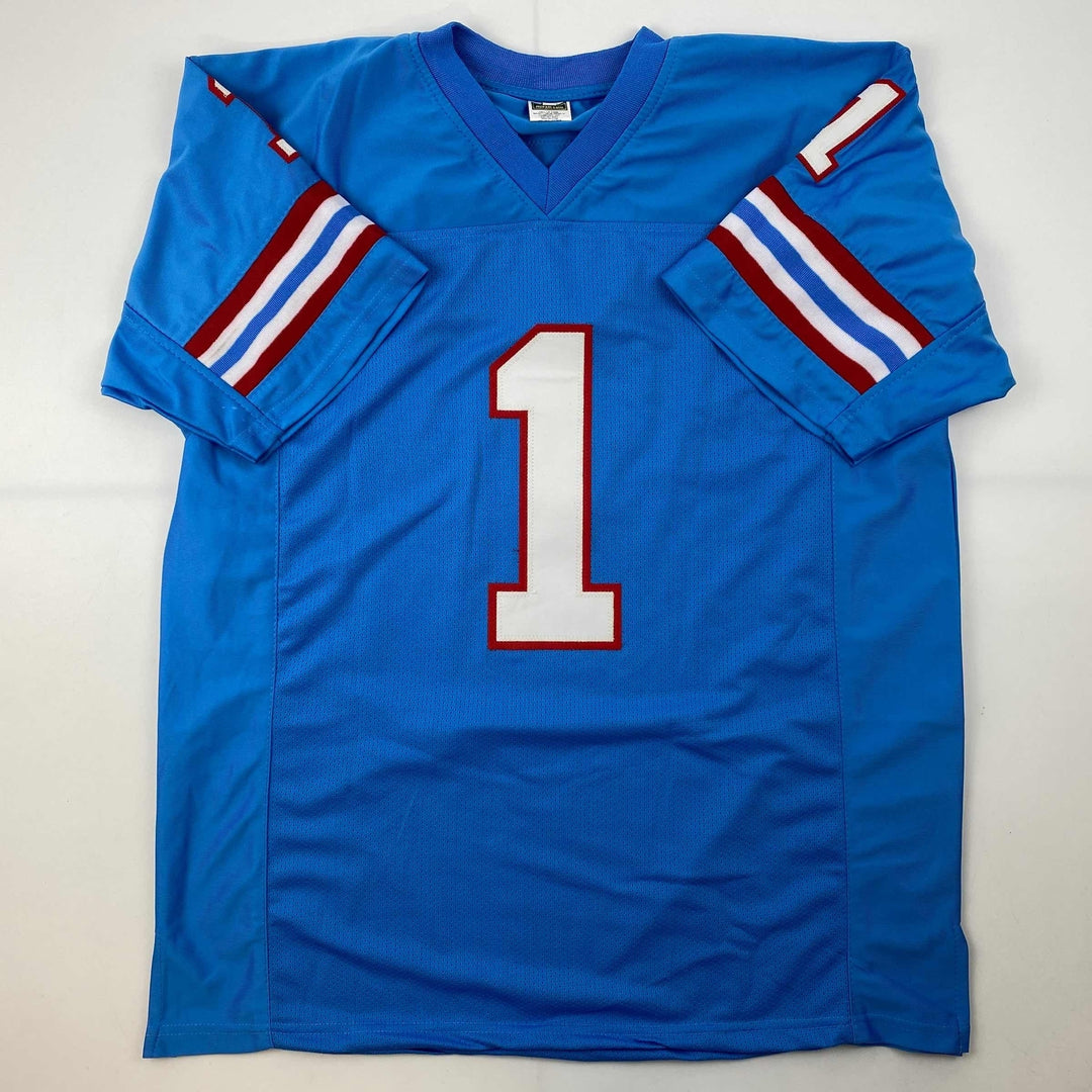 Facsimile Autographed Warren Moon Houston Blue Reprint Jersey Size Men's XL