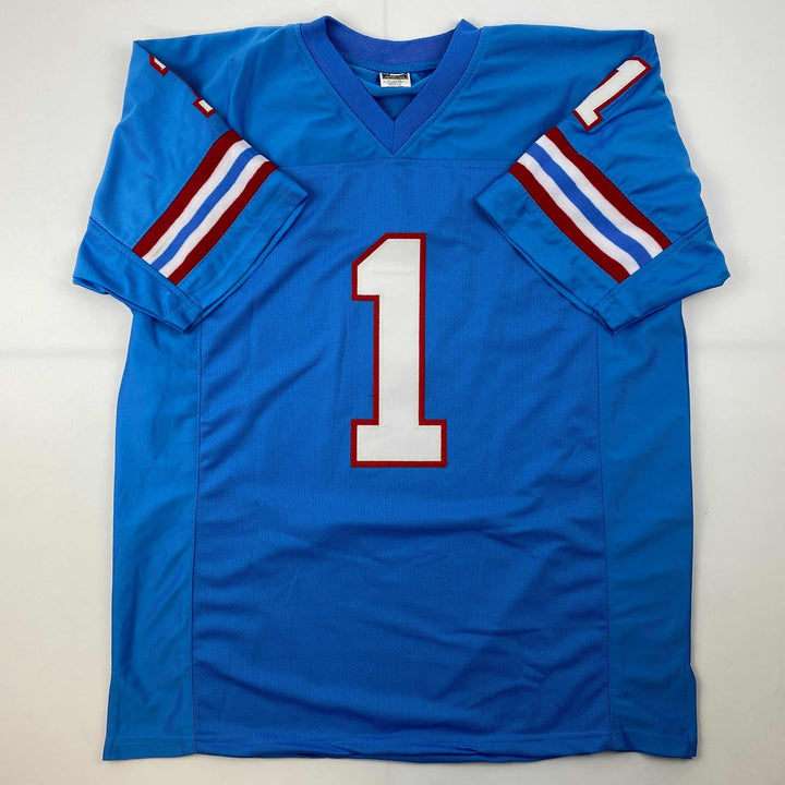 Facsimile Autographed Warren Moon Houston Blue Reprint Jersey Size Men's XL