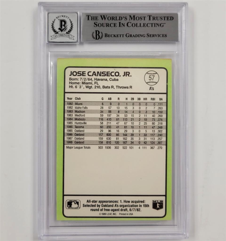 Jose Canseco signed 1989 Donruss Baseball's Best #57 card autograph BAS 10 auto