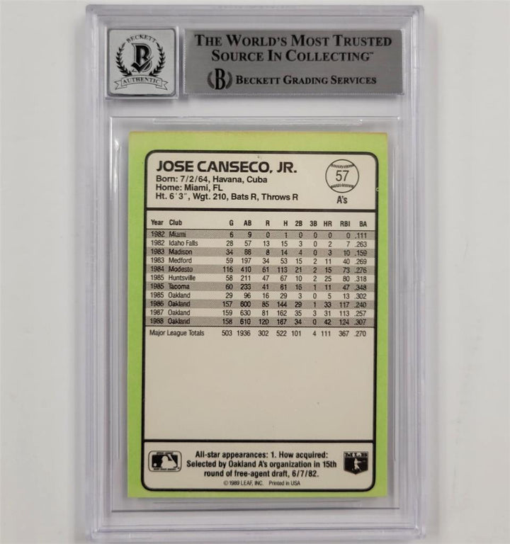 Jose Canseco signed 1989 Donruss Baseball's Best #57 card autograph BAS 10 auto