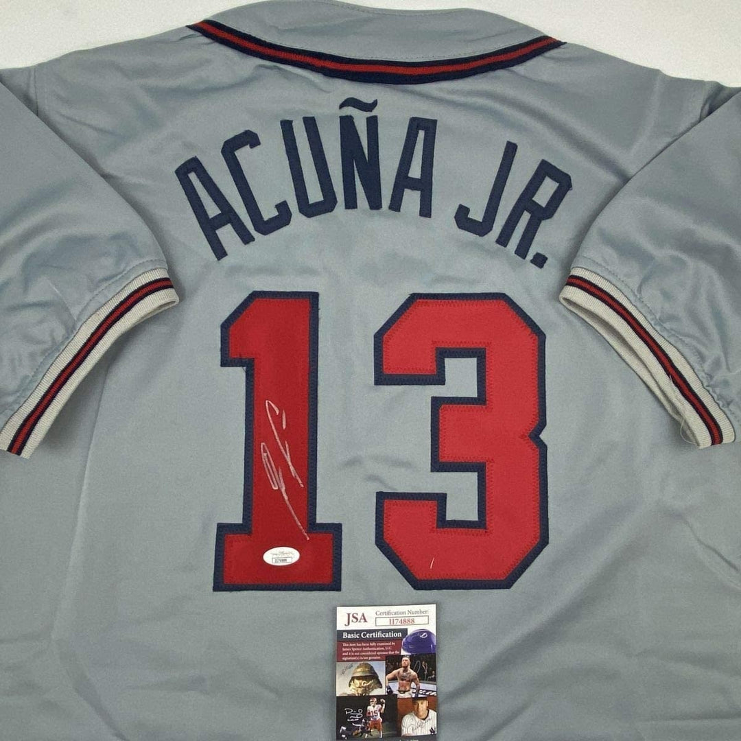Autographed/Signed RONALD ACUNA JR. Atlanta Grey Jersey JSA COA Auto