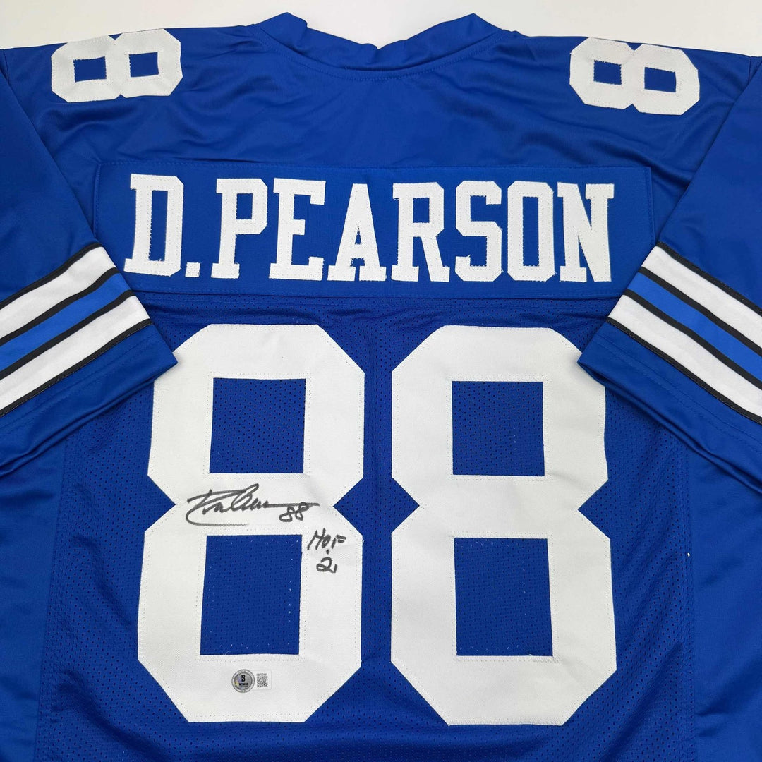 Autographed/Signed DREW PEARSON Dallas Blue Football Jersey JSA COA Auto