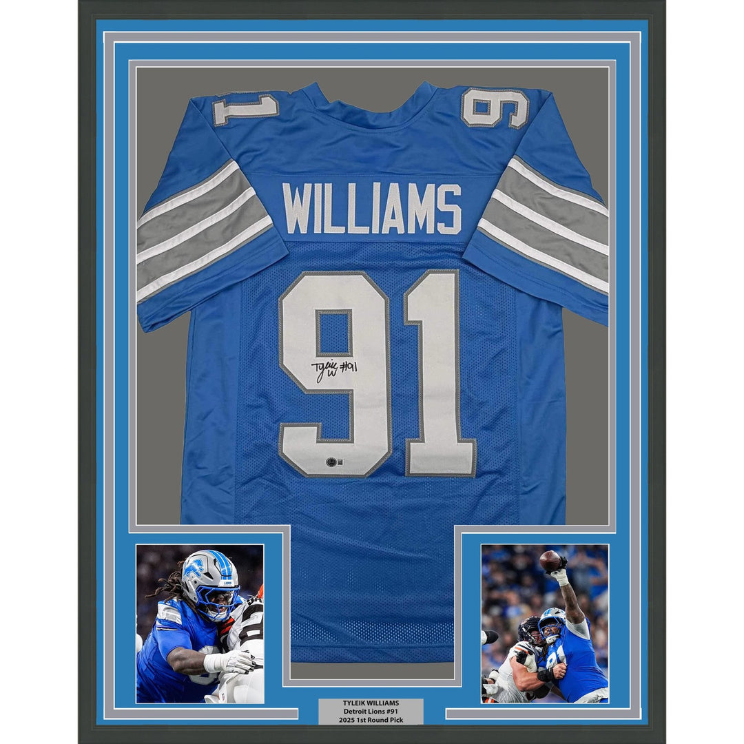 Framed Autographed/Signed Tyleik Williams 35x39 Detroit Blue Jersey BAS COA