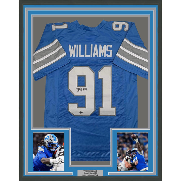 Framed Autographed/Signed Tyleik Williams 35x39 Detroit Blue Jersey BAS COA