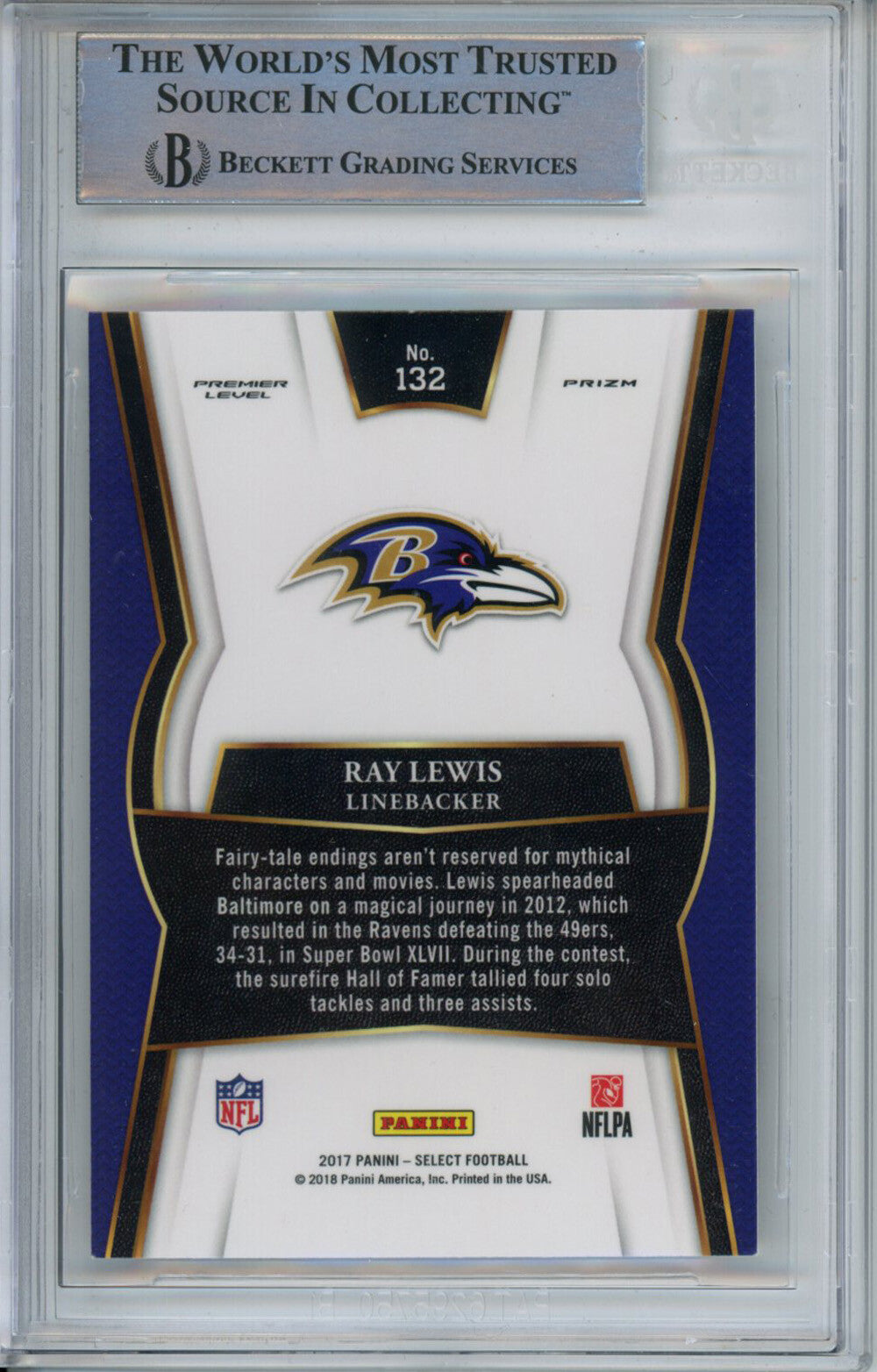 Ray Lewis Autographed 2017 Panini Select #132 Trading Card Beckett Slab 39249