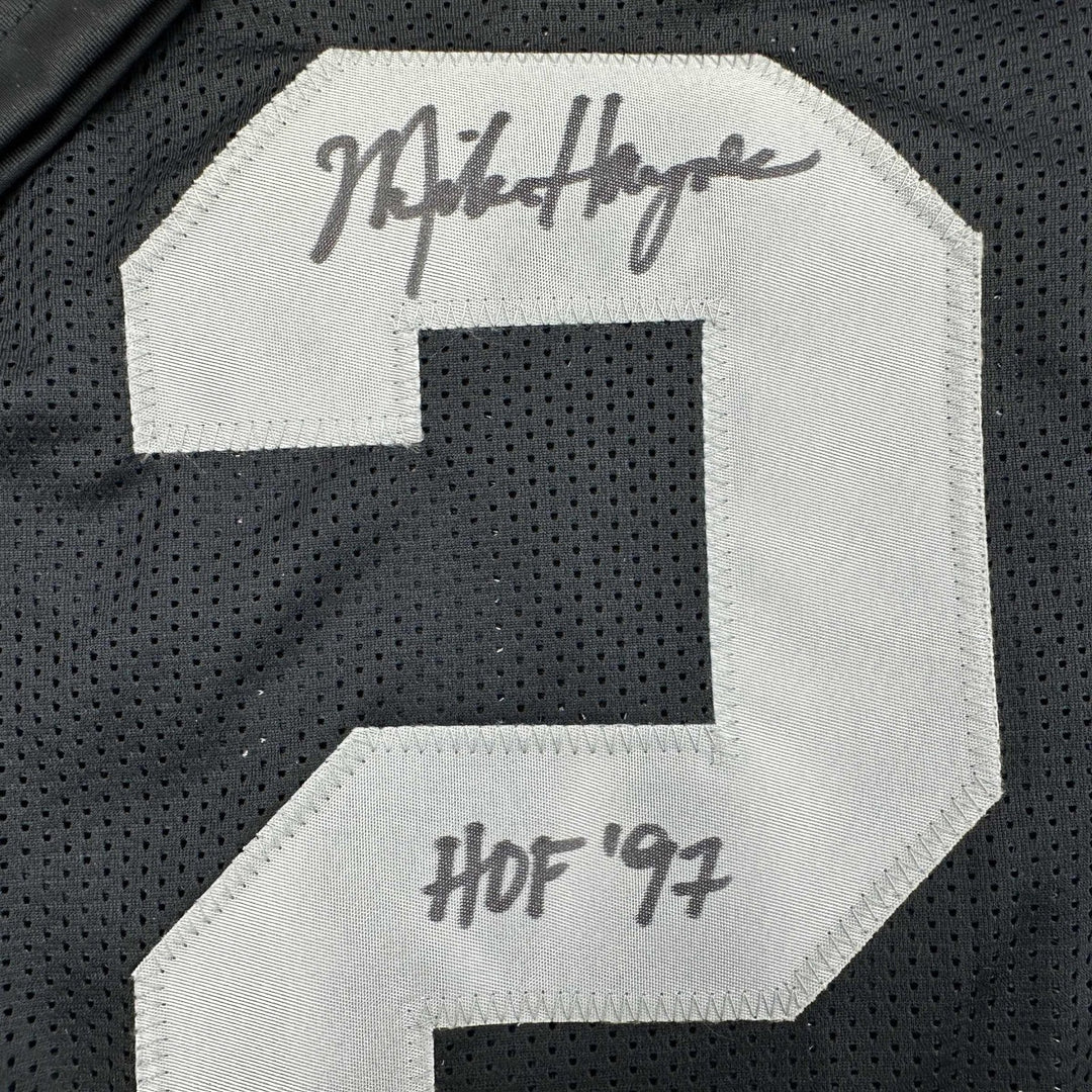 Autographed/Signed Michael Haynes HOF 97 Oakland Black Jersey Beckett COA