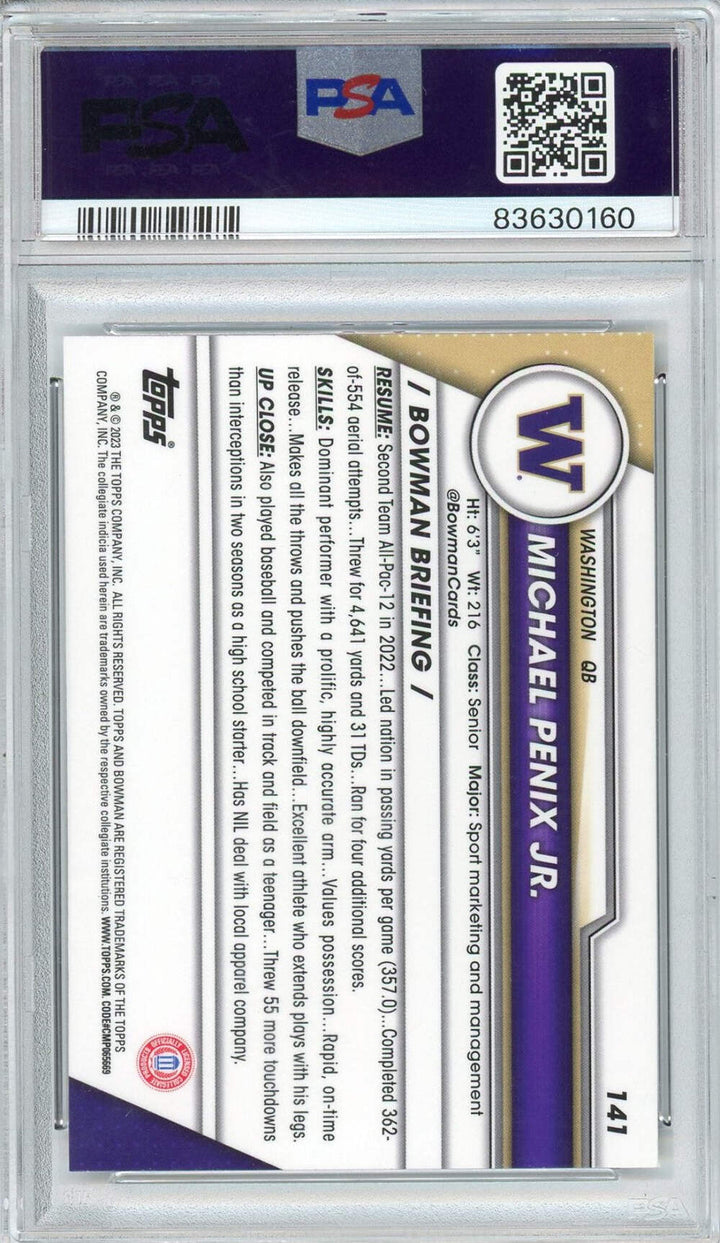 Graded 2023 Bowman U Chrome Michael Penix Jr. #141 Rookie Football Card PSA 10