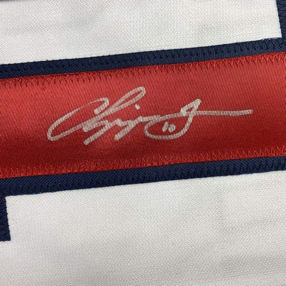 Framed Autographed/Signed Chipper Jones 35x39 Atlanta White Stat Jersey JSA COA