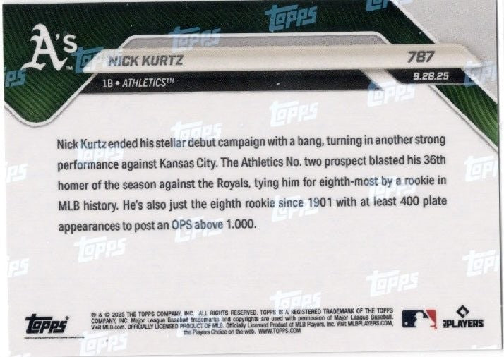 2025 Topps Now Nick Kurtz #787 Gold Foil /50 Athletics Rookie RC Card