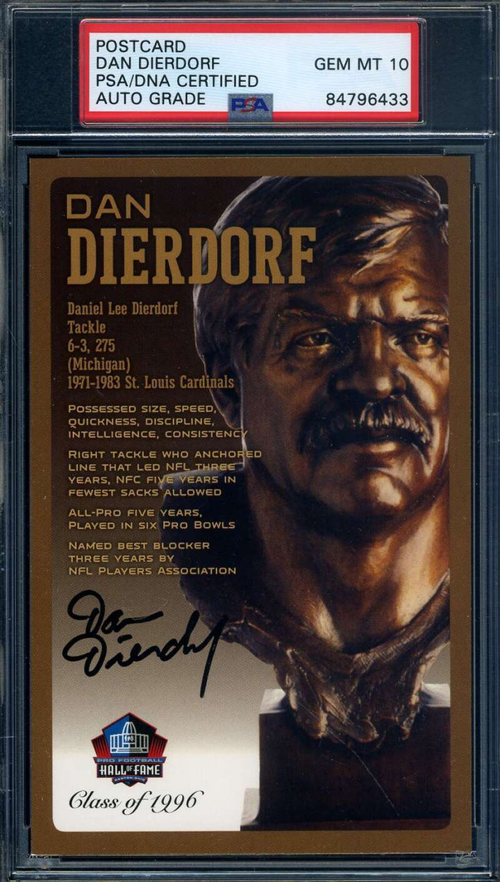 Dan Dierdorf Gem Mint 10 PSA DNA Signed HOF Bronze Bust Postcard Autographed