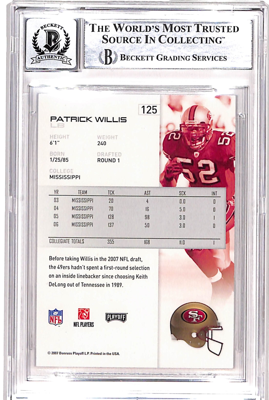 Patrick Willis Signed 2007 Playoff #125 Card Grade 10 Auto Beckett 38720