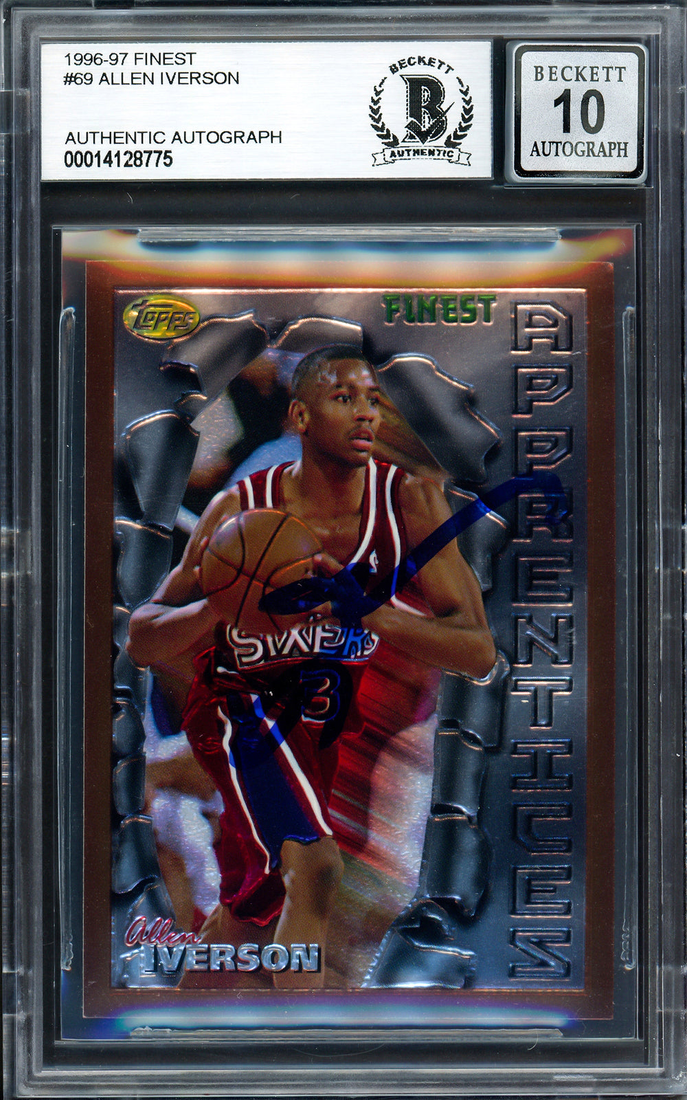 Allen Iverson Signed 1996-97 Topps Finest RC 69 76ers Auto GM 10 Beckett