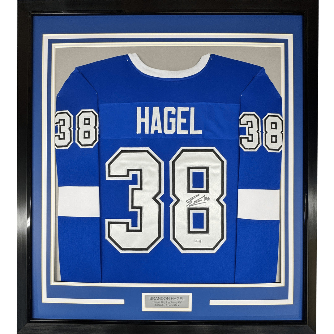 Framed Autographed/Signed Brandon Hagel 35x39 Tampa Bay Blue Jersey JSA COA