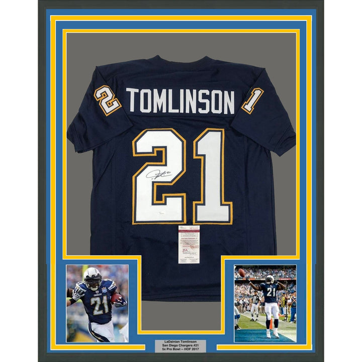 Framed Signed LaDainian Tomlinson 35x39 Dark Blue Jersey JSA COA