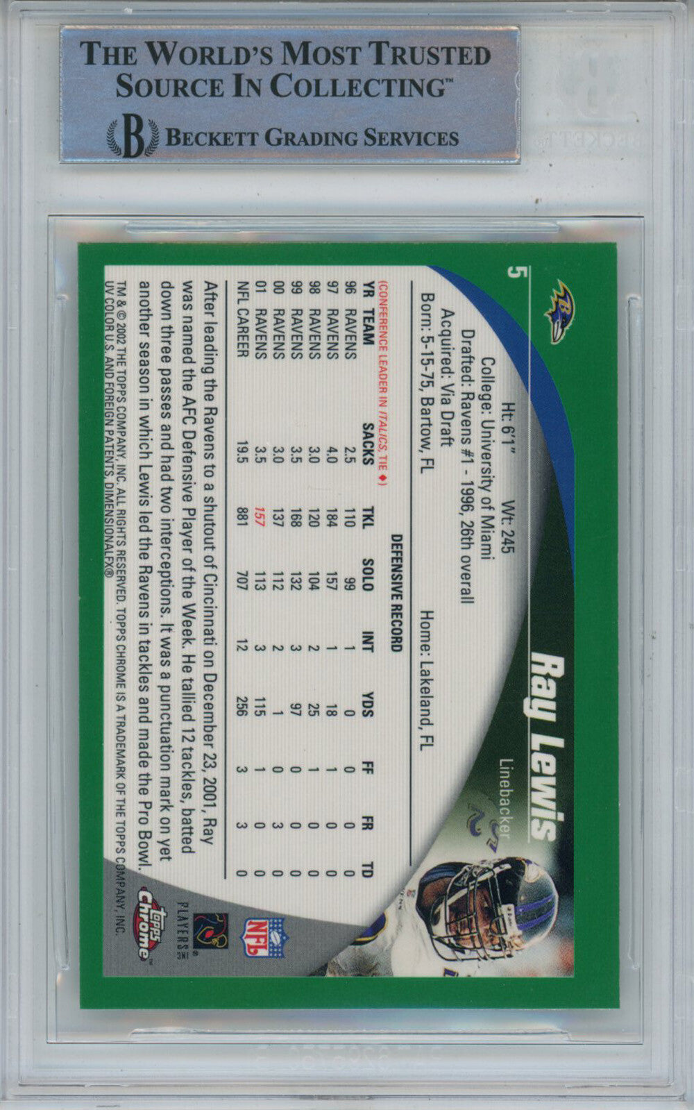 Ray Lewis Autographed 2002 Topps Chrome #5 Trading Card Beckett Slab 43382