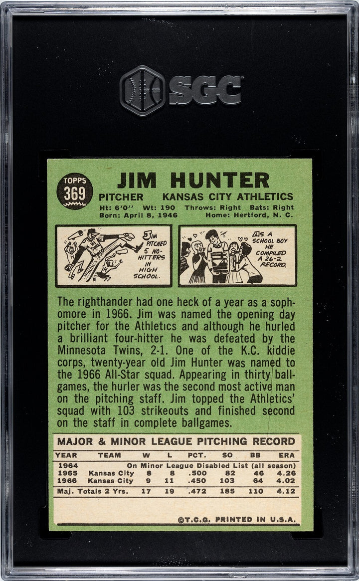 Jim "Catfish" Hunter 1967 Topps Card #369 Athletics- SGC Graded 6 EX-NM