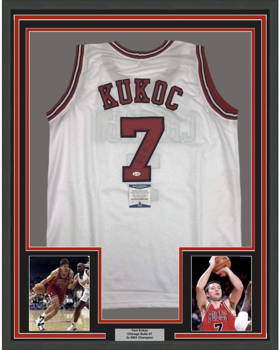 Framed Autographed/Signed Toni Kukoc 35x39 Chicago White Jersey Beckett COA