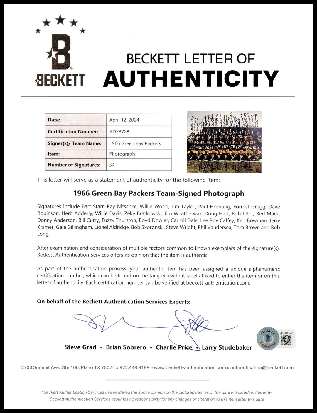 1966 Green Bay Packers Auto Auto Framed 16x20 Photo 34 Sigs Bart Starr Beckett