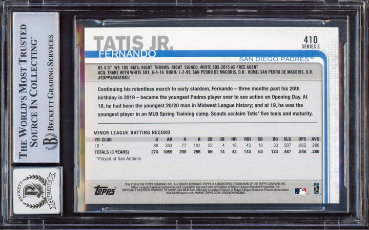 Fernando Tatis Jr. Signed 2019 Topps RC #410 San Diego Padres BGS 9 Auto 10