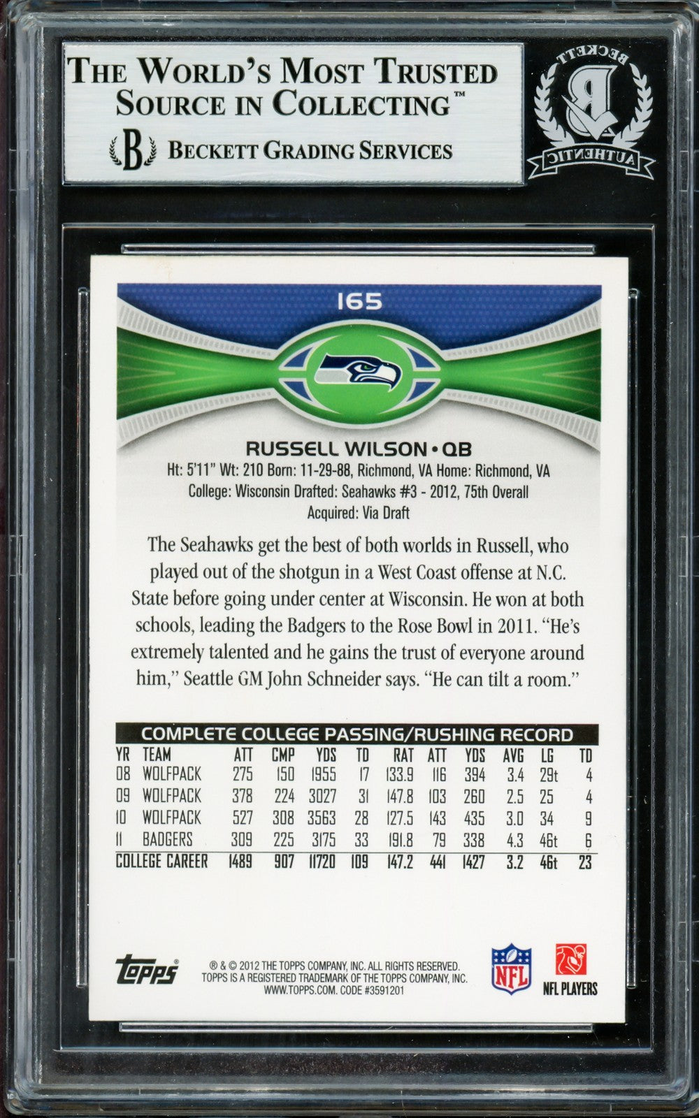Russell Wilson Autographed Signed 2012 Topps RC 165A Seattle Seahawks Beckett