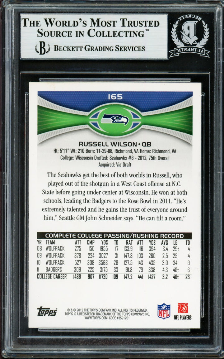 Russell Wilson Autographed Signed 2012 Topps RC 165A Seattle Seahawks Beckett