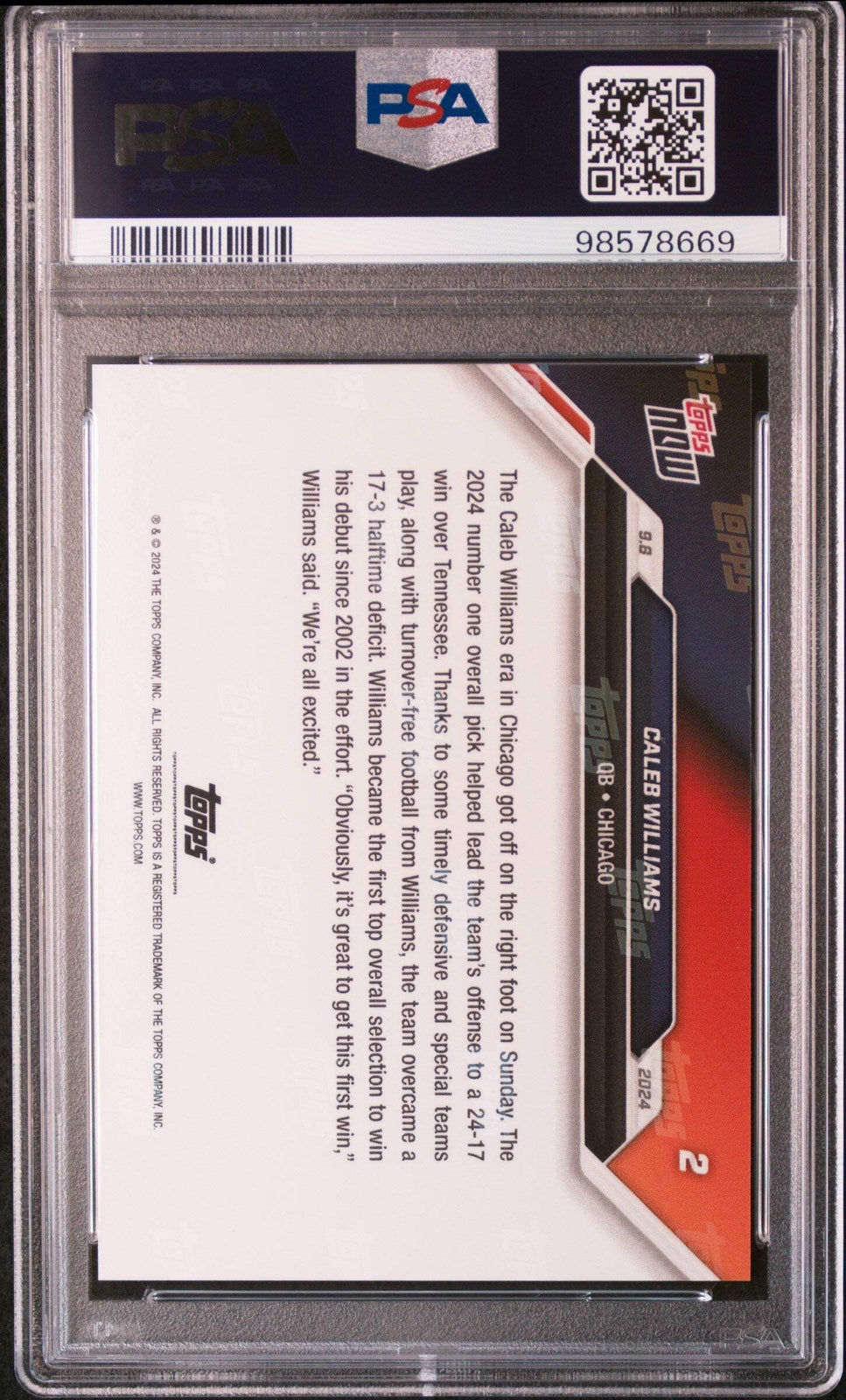 Graded 2024 Topps Now Caleb Williams #2 Rookie RC Football Card PSA 10 Gem Mint