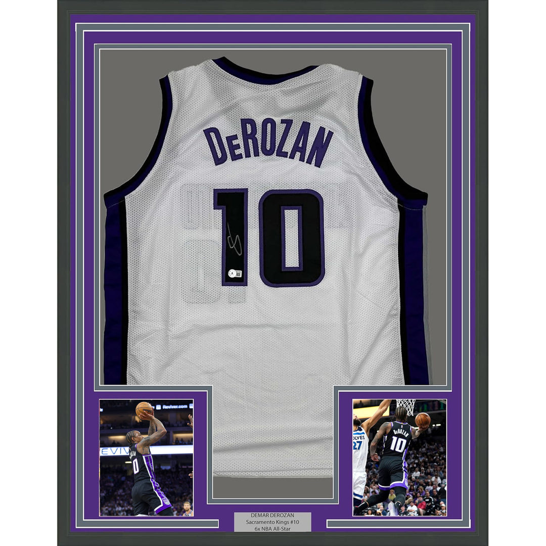FramedAutographed/Signed DeMar DeRozan 35x39 Sacramento White Jersey Beckett COA