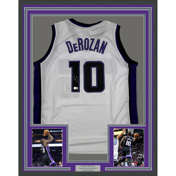 FramedAutographed/Signed DeMar DeRozan 35x39 Sacramento White Jersey Beckett COA
