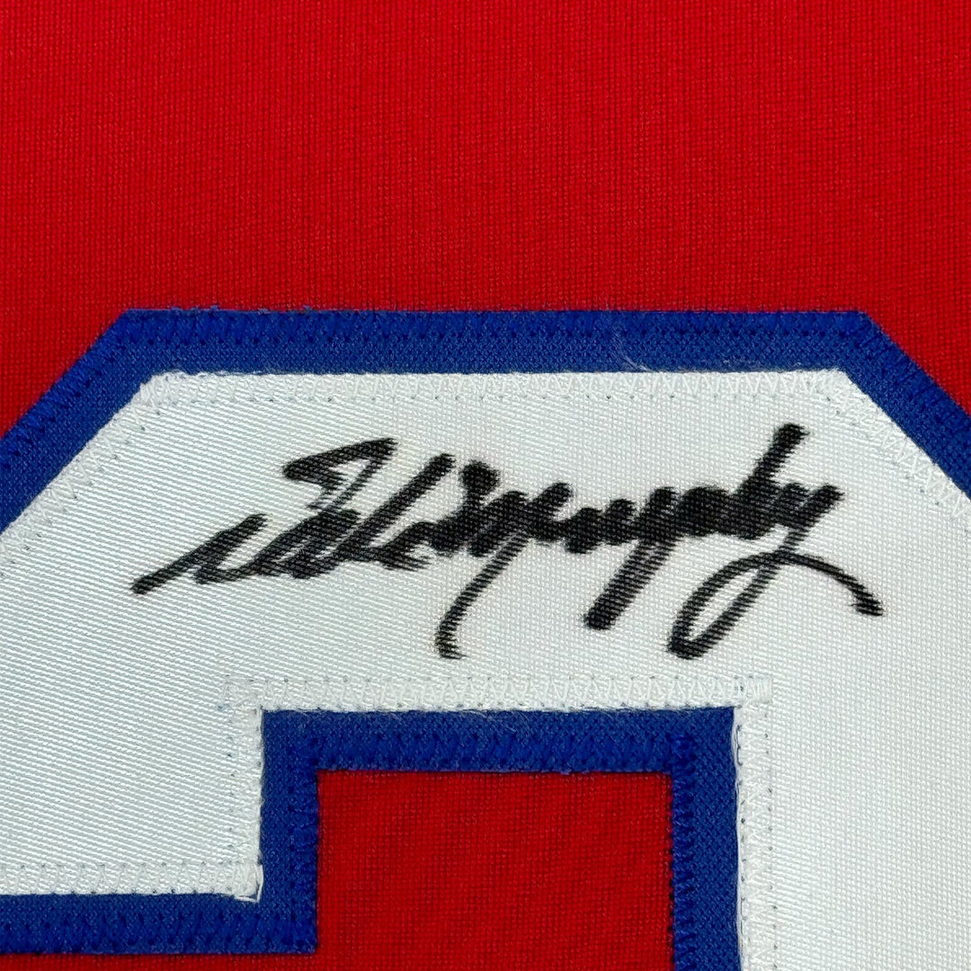 FRAMED Autographed/Signed DALE MURPHY 33x42 Atlanta Red Jersey JSA COA