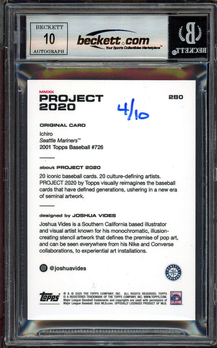 Ichiro Suzuki Auto Topps Project 2020 Joshua Vides Card 280 Auto 10 #/10 Beckett