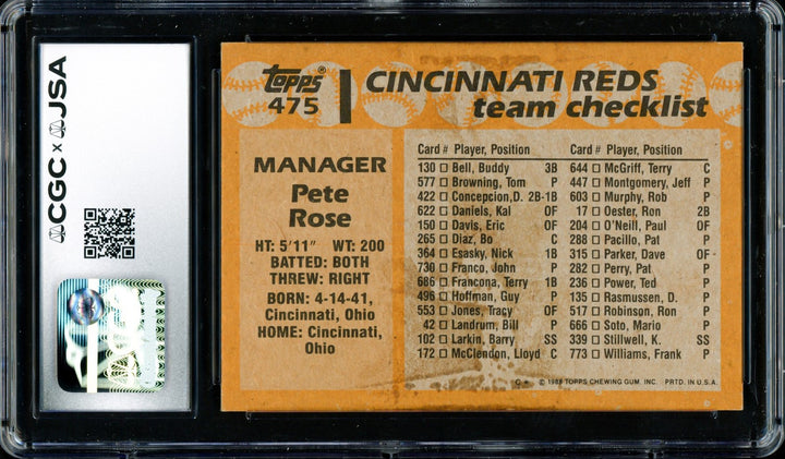Pete Rose Autographed Signed 1988 Topps Card #475 Cincinnati Reds CGC x JSA